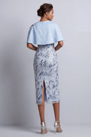 Load image into Gallery viewer, Sky Blue Floral Sheath Round Neck Midi Mother of the Bride Dress with Pocket