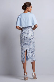 Sky Blue Floral Sheath Round Neck Midi Mother of the Bride Dress with Pocket
