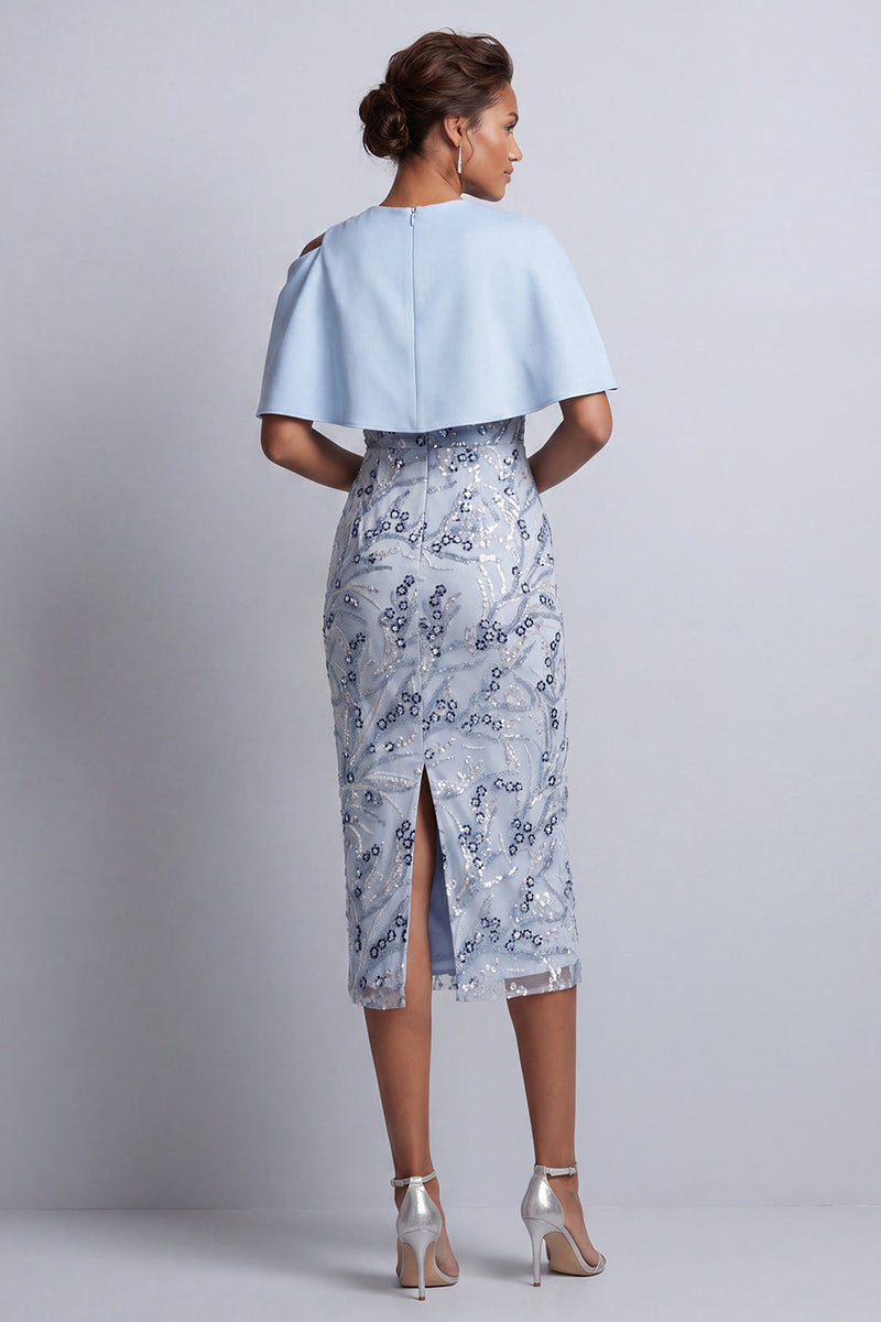 Load image into Gallery viewer, Sky Blue Floral Sheath Round Neck Midi Mother of the Bride Dress with Pocket
