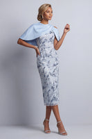 Load image into Gallery viewer, Sky Blue Floral Sheath Round Neck Midi Mother of the Bride Dress with Pocket