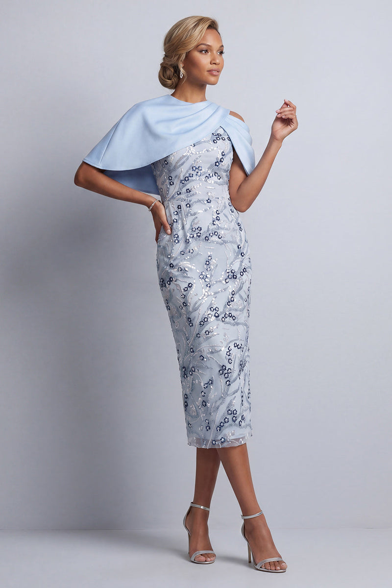 Load image into Gallery viewer, Sky Blue Floral Sheath Round Neck Midi Mother of the Bride Dress with Pocket