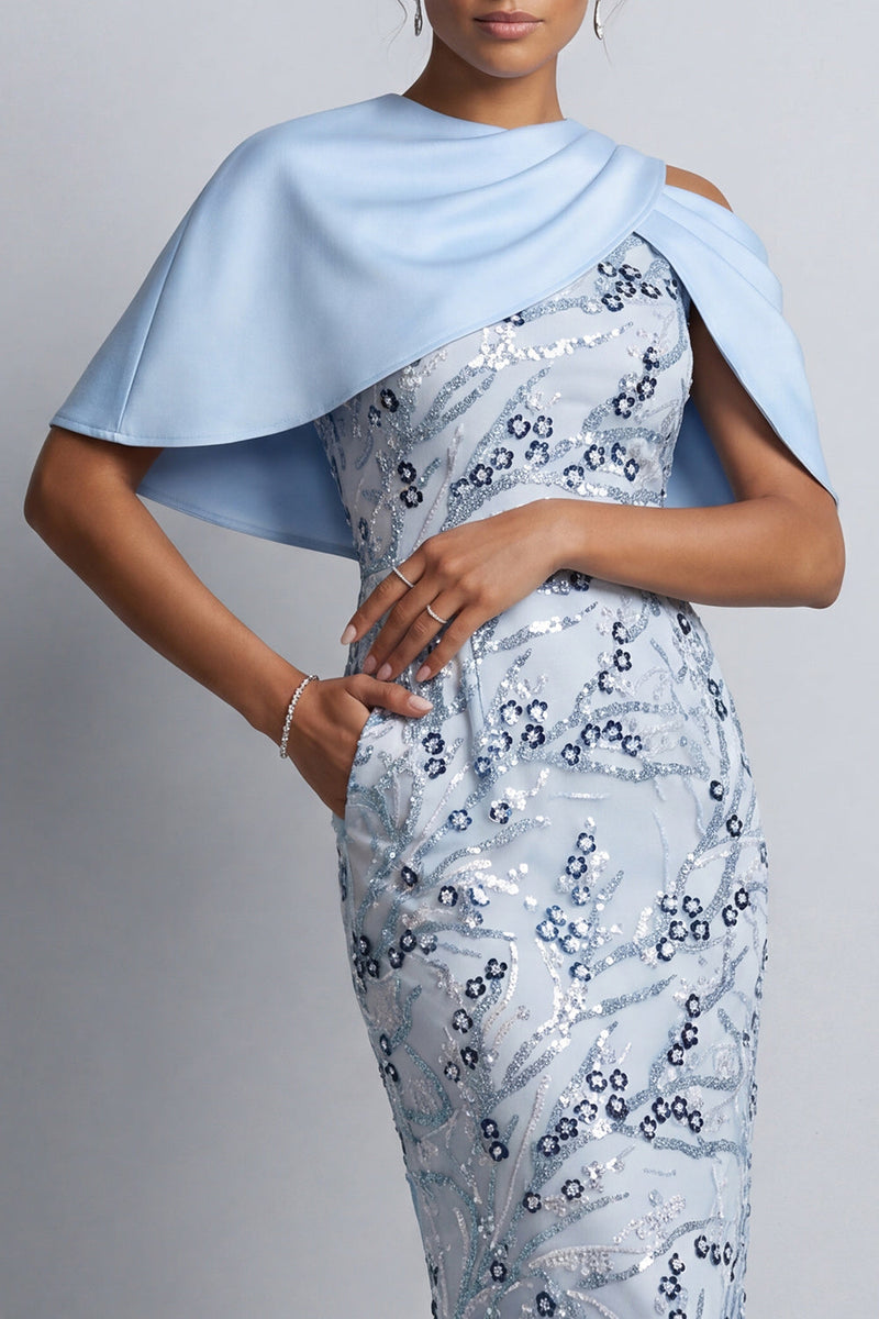 Load image into Gallery viewer, Sky Blue Floral Sheath Round Neck Midi Mother of the Bride Dress with Pocket