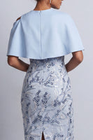 Load image into Gallery viewer, Sky Blue Floral Sheath Round Neck Midi Mother of the Bride Dress with Pocket