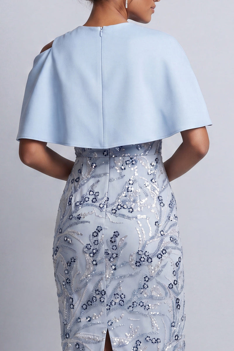 Load image into Gallery viewer, Sky Blue Floral Sheath Round Neck Midi Mother of the Bride Dress with Pocket