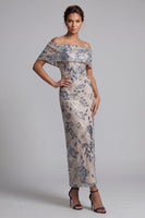 Load image into Gallery viewer, Navy Floral Off the Shoulder Sheath Maxi Mother of the Bride Dress