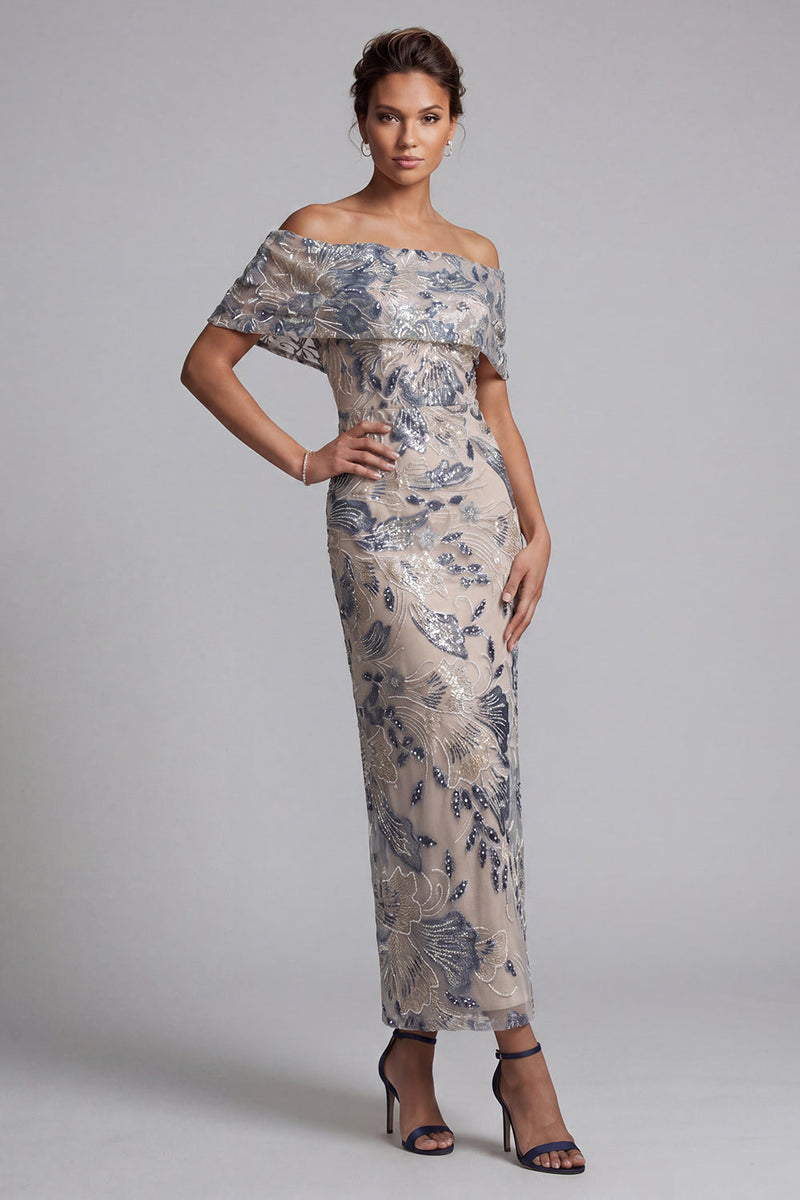 Load image into Gallery viewer, Navy Floral Off the Shoulder Sheath Maxi Mother of the Bride Dress