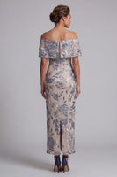 Load image into Gallery viewer, Navy Floral Off the Shoulder Sheath Maxi Mother of the Bride Dress