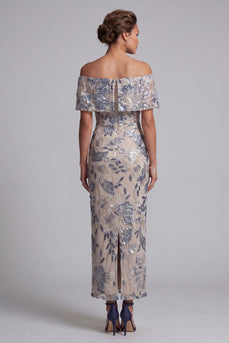 Navy Floral Off the Shoulder Sheath Maxi Mother of the Bride Dress
