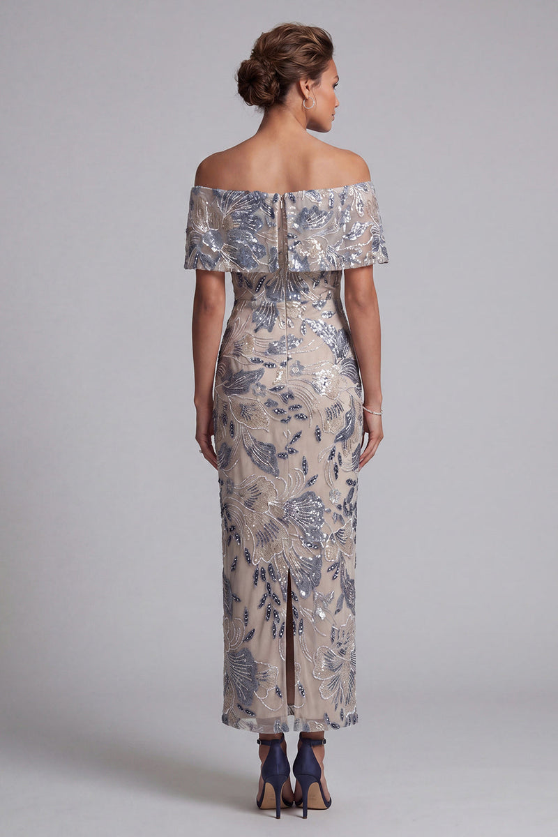 Load image into Gallery viewer, Navy Floral Off the Shoulder Sheath Maxi Mother of the Bride Dress