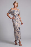 Load image into Gallery viewer, Navy Floral Off the Shoulder Sheath Maxi Mother of the Bride Dress