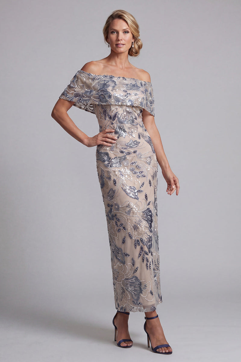 Load image into Gallery viewer, Navy Floral Off the Shoulder Sheath Maxi Mother of the Bride Dress