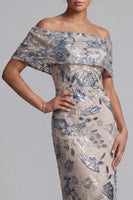 Load image into Gallery viewer, Navy Floral Off the Shoulder Sheath Maxi Mother of the Bride Dress