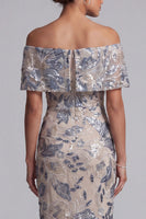 Load image into Gallery viewer, Navy Floral Off the Shoulder Sheath Maxi Mother of the Bride Dress