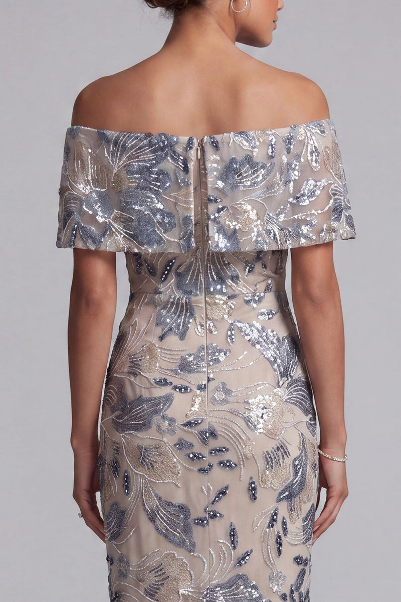Load image into Gallery viewer, Navy Floral Off the Shoulder Sheath Maxi Mother of the Bride Dress