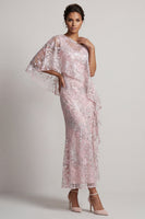 Load image into Gallery viewer, Pink Floral Asymmetrical Neck Sheath Maxi Mother of the Bride Dress