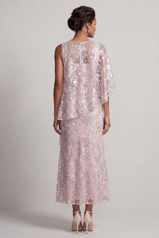 Pink Floral Asymmetrical Neck Sheath Maxi Mother of the Bride Dress