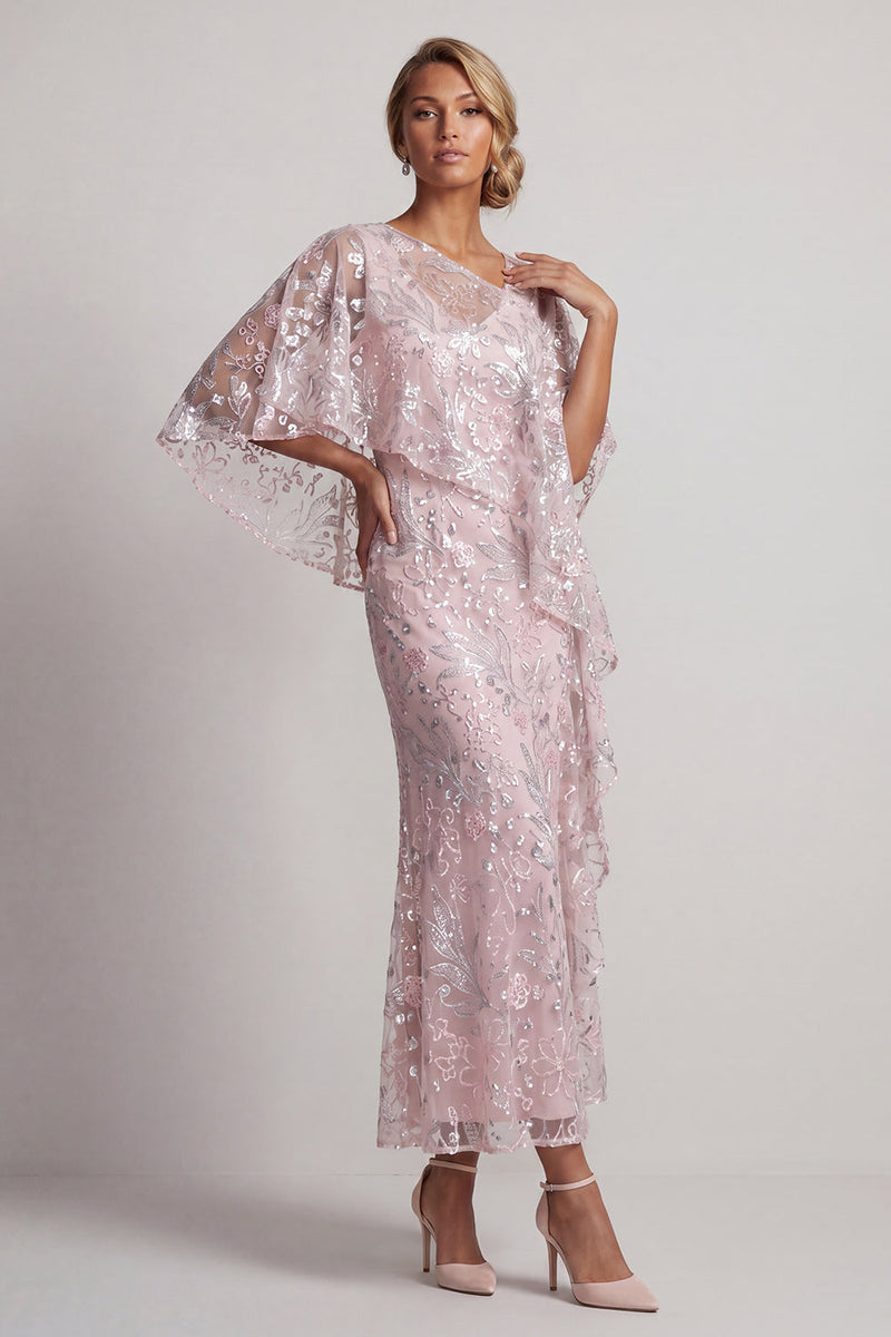 Load image into Gallery viewer, Pink Floral Asymmetrical Neck Sheath Maxi Mother of the Bride Dress