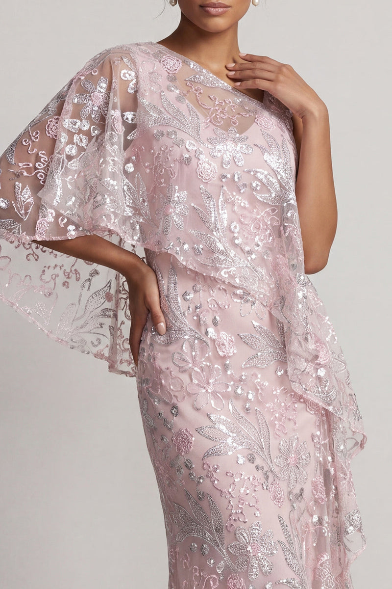 Load image into Gallery viewer, Pink Floral Asymmetrical Neck Sheath Maxi Mother of the Bride Dress