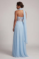Load image into Gallery viewer, Sky Blue A-Line Chiffon Corset Long Floral Mother of the Bride Dress