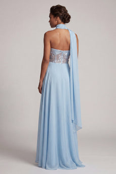 Sky Blue A-Line Chiffon Corset Long Floral Mother of the Bride Dress
