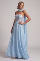 Load image into Gallery viewer, Sky Blue A-Line Chiffon Corset Long Floral Mother of the Bride Dress