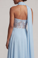 Load image into Gallery viewer, Sky Blue A-Line Chiffon Corset Long Floral Mother of the Bride Dress