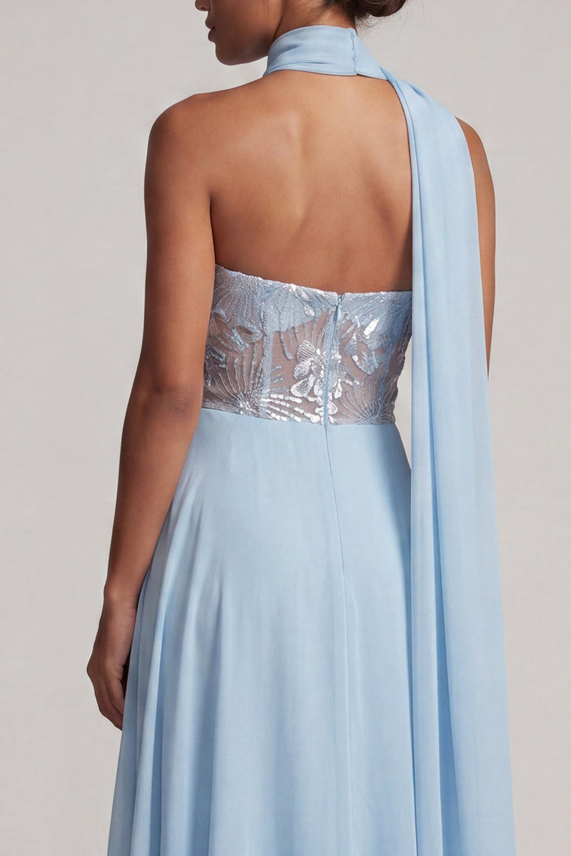 Load image into Gallery viewer, Sky Blue A-Line Chiffon Corset Long Floral Mother of the Bride Dress