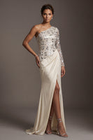 Load image into Gallery viewer, Sparkly Champagne Sequin Mermaid Ruched Long Sleeves Mother of the Bride Dress
