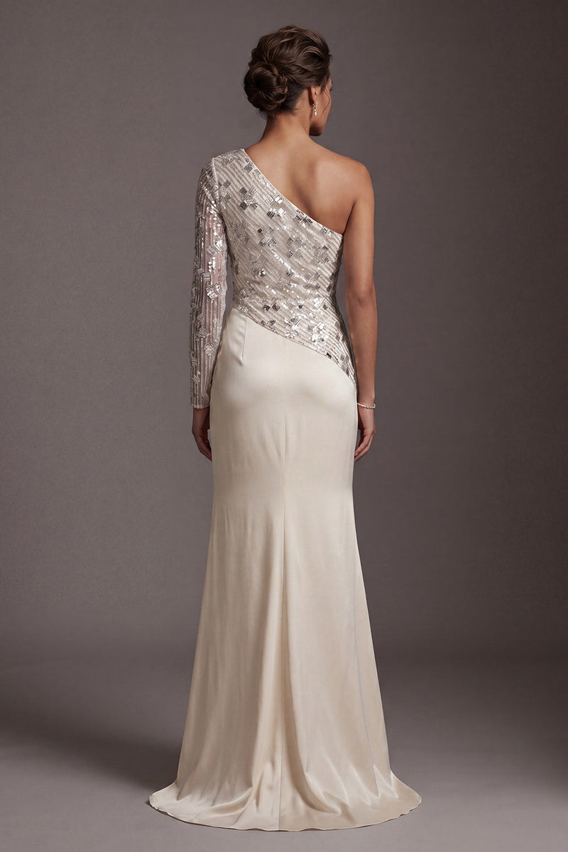 Load image into Gallery viewer, Sparkly Champagne Sequin Mermaid Ruched Long Sleeves Mother of the Bride Dress