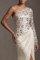 Load image into Gallery viewer, Sparkly Champagne Sequin Mermaid Ruched Long Sleeves Mother of the Bride Dress