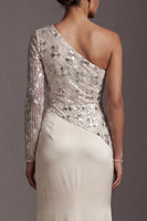 Load image into Gallery viewer, Sparkly Champagne Sequin Mermaid Ruched Long Sleeves Mother of the Bride Dress