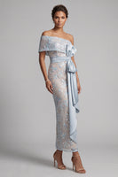 Load image into Gallery viewer, Dusty Blue One Shoulder Floral Sheath Long Mother of the Bride Dress with Bow