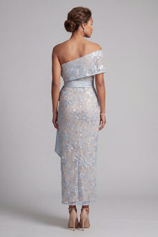 Dusty Blue One Shoulder Floral Sheath Long Mother of the Bride Dress with Bow