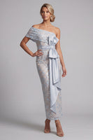 Load image into Gallery viewer, Dusty Blue One Shoulder Floral Sheath Long Mother of the Bride Dress with Bow