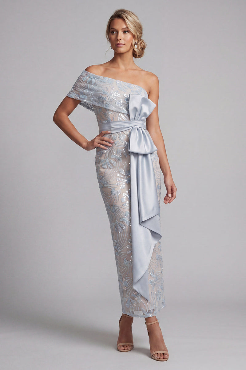 Load image into Gallery viewer, Dusty Blue One Shoulder Floral Sheath Long Mother of the Bride Dress with Bow