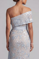 Load image into Gallery viewer, Dusty Blue One Shoulder Floral Sheath Long Mother of the Bride Dress with Bow