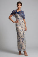 Load image into Gallery viewer, Navy Sheath Floral Scoop Neck Long Mother of the Bride Dress with Cape