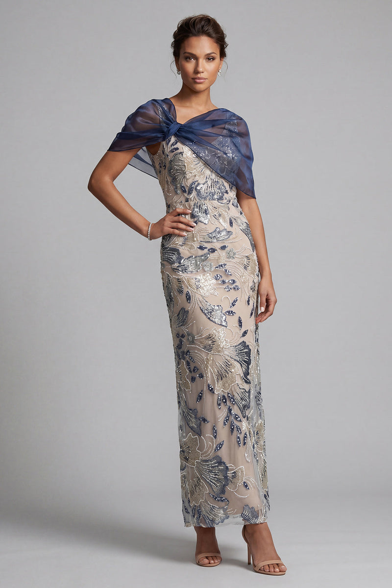 Load image into Gallery viewer, Navy Sheath Floral Scoop Neck Long Mother of the Bride Dress with Cape