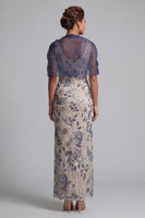 Load image into Gallery viewer, Navy Sheath Floral Scoop Neck Long Mother of the Bride Dress with Cape