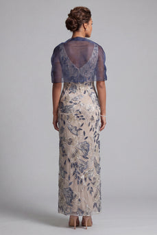 Navy Sheath Floral Scoop Neck Long Mother of the Bride Dress with Cape