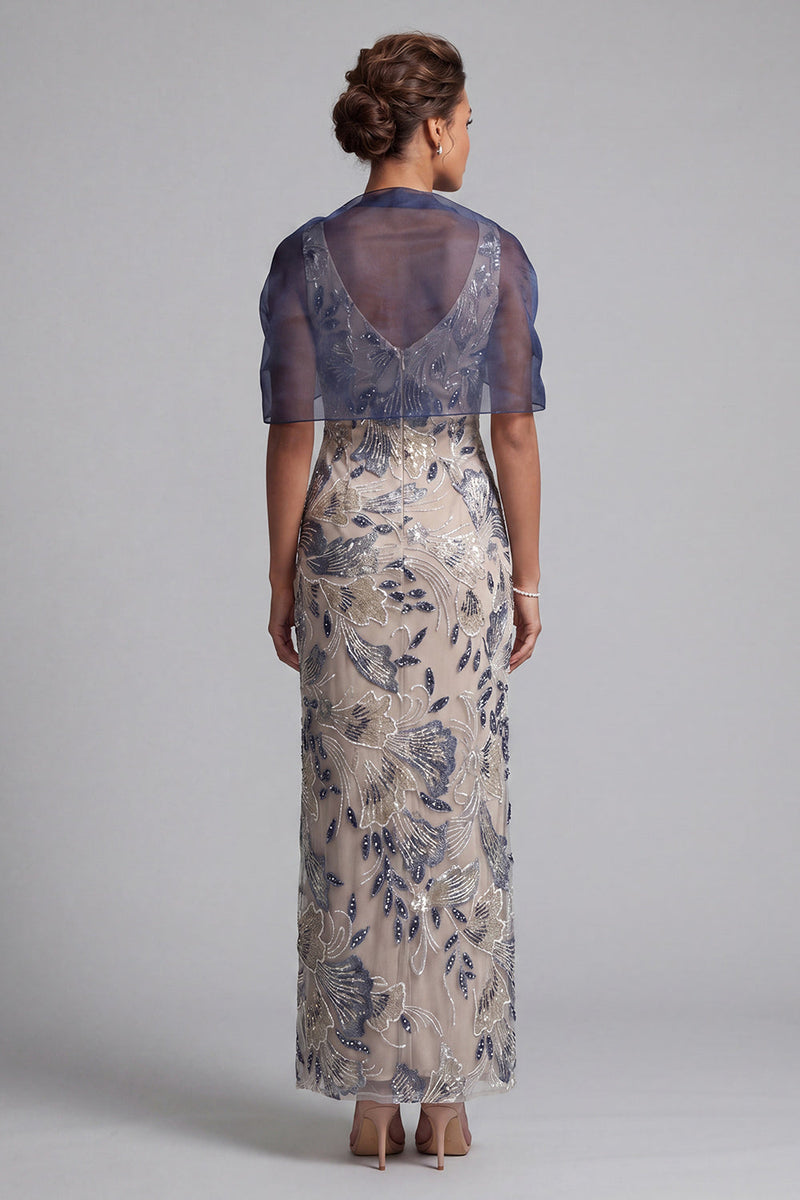 Load image into Gallery viewer, Navy Sheath Floral Scoop Neck Long Mother of the Bride Dress with Cape