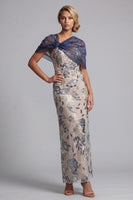 Load image into Gallery viewer, Navy Sheath Floral Scoop Neck Long Mother of the Bride Dress with Cape