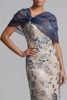 Load image into Gallery viewer, Navy Sheath Floral Scoop Neck Long Mother of the Bride Dress with Cape