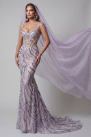 Load image into Gallery viewer, Sparkly Lilac Sequins Corset Mermaid Long Evening Dress with Beading