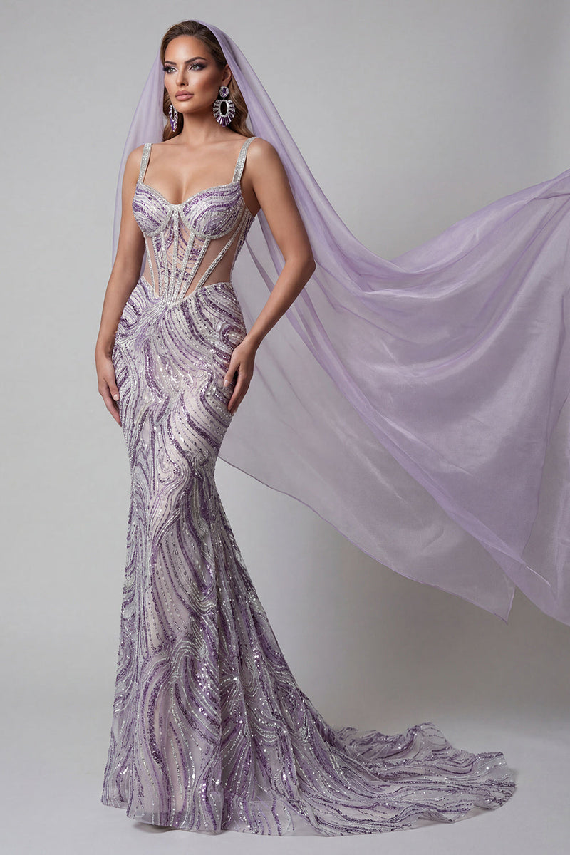 Load image into Gallery viewer, Sparkly Lilac Sequins Corset Mermaid Long Evening Dress with Beading