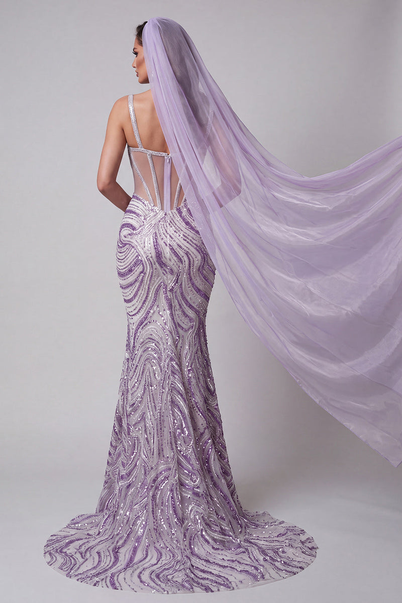 Load image into Gallery viewer, Sparkly Lilac Sequins Corset Mermaid Long Evening Dress with Beading