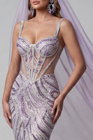 Load image into Gallery viewer, Sparkly Lilac Sequins Corset Mermaid Long Evening Dress with Beading