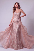 Load image into Gallery viewer, Sparkly Blush Floral Strapless Mermaid Beaded Long Evening Dress with Cape