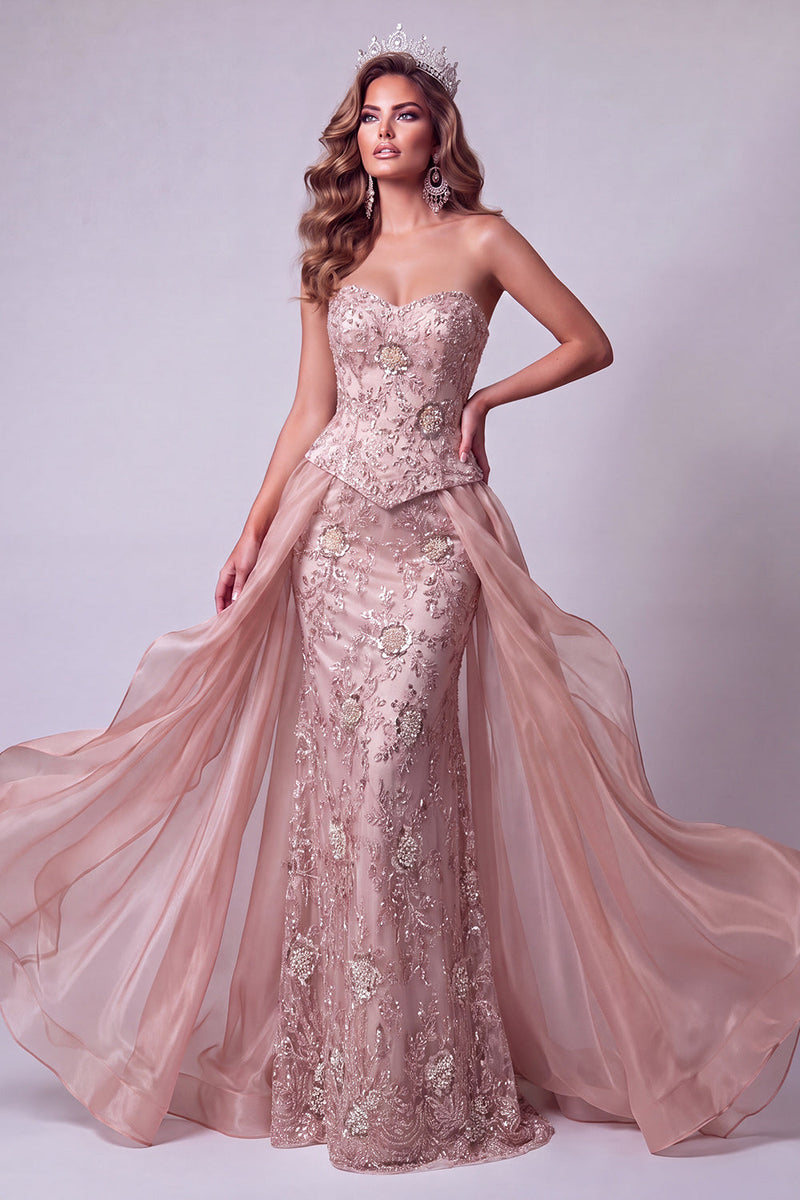 Load image into Gallery viewer, Sparkly Blush Floral Strapless Mermaid Beaded Long Evening Dress with Cape