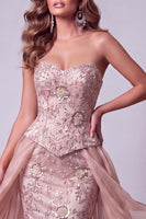Load image into Gallery viewer, Sparkly Blush Floral Strapless Mermaid Beaded Long Evening Dress with Cape